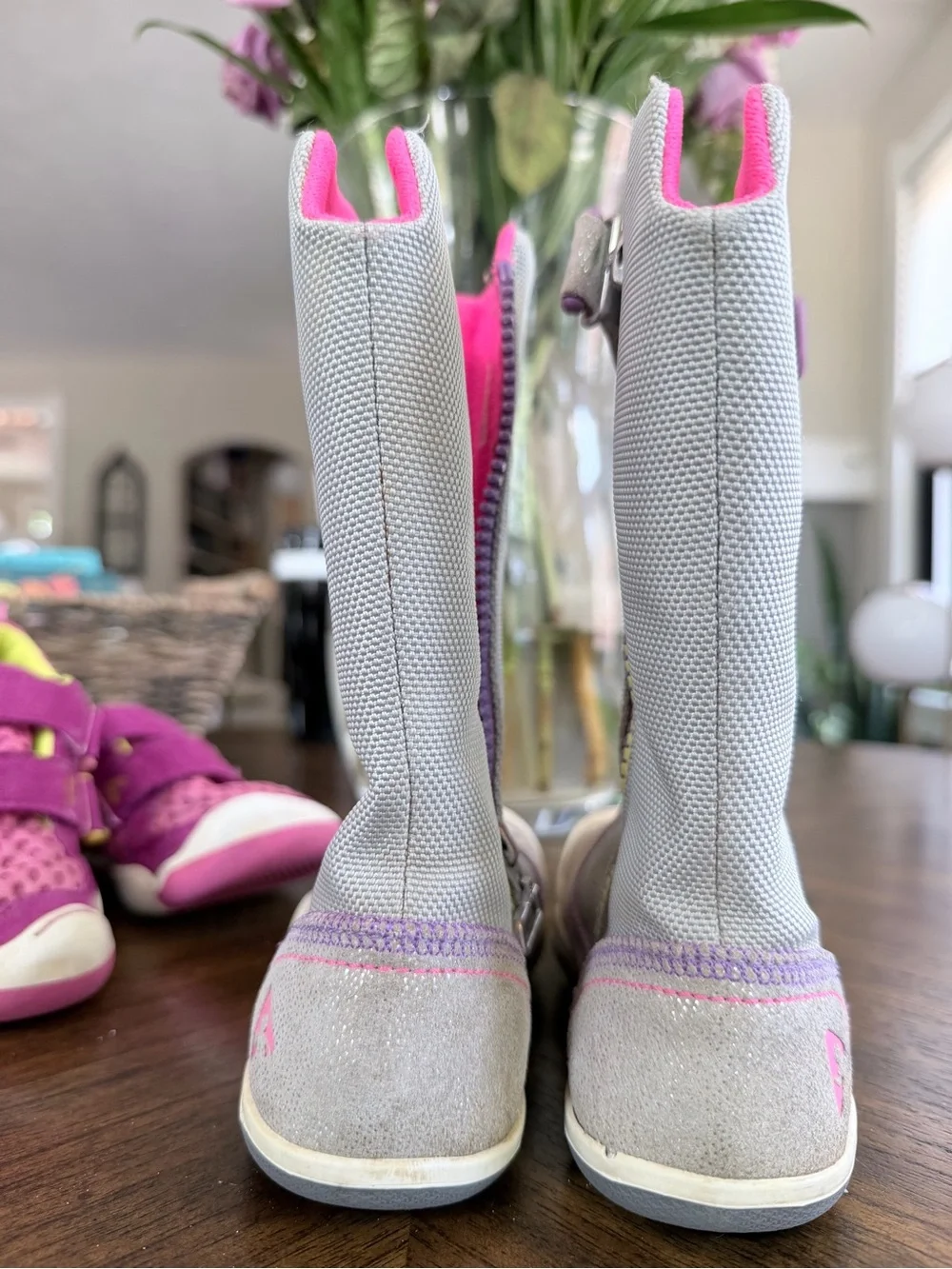 Plae Camilla Shimmer Light Gray and Pink Zipper Boots